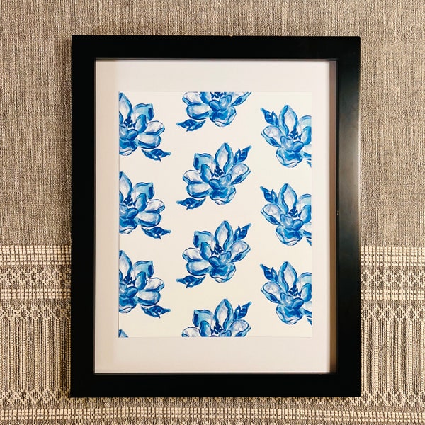 11x14 Magnolia Print, blue tonal, watercolor, print, southern, mississippi state flower, steel magnolias