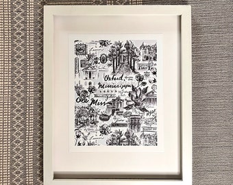 8x10, Oxford MS, toile print, hometown print, Mississippi, magnolias, ole miss, courthouse square, art, wall art, print, b&w, graduation