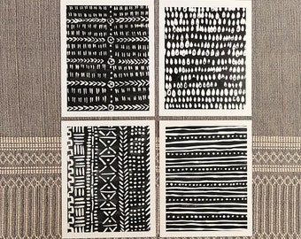 Set of 4 8x10 Mudcloth Black and White Textile Art Print, ink, resist, textile, gallery wall, art, boho