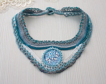 Crochet Necklace, Unique Necklace, Free form crochet necklace, Beaded Crochet Necklace, Cotton Necklace