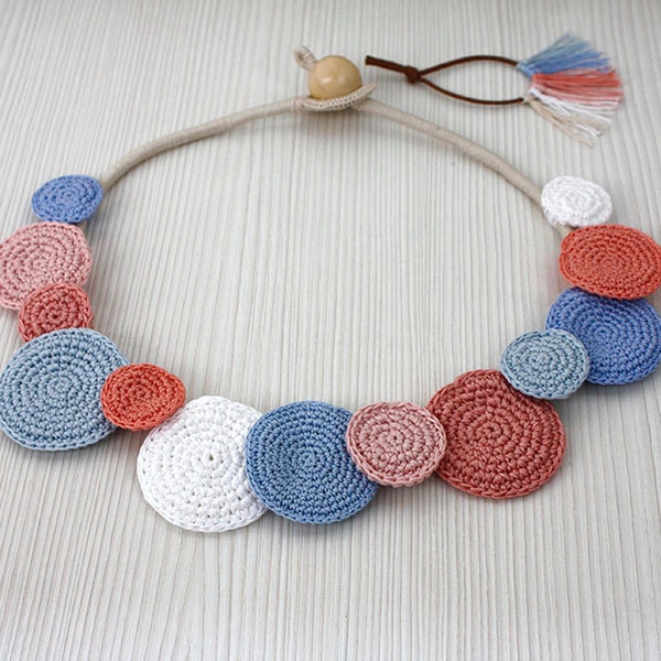 Necklace Circles, Crochet Necklace, Summer Fashion, Statement Necklace, Cotton Crochet Jewelry, Pink Blue Necklace, Necklace, Bib Necklace