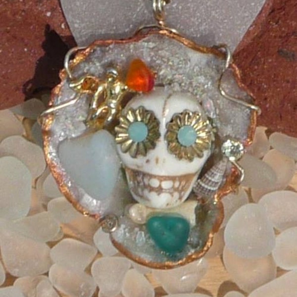 Neptunia Vitreus, Guardian of Those Who Love Sea Glass ~ Day of the Dead~Dia de los Muertos~Eternal Ephemera~Pendant~Sea Shell~Surf Tumbled