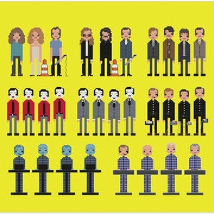 May include: A digital illustration of 18 pixelated figures in various poses and clothing. The figures are arranged in three rows. The top row features figures wearing a variety of clothing, including a blue shirt, a white shirt, a red shirt, a black shirt, and a grey shirt. The middle row features figures wearing a variety of clothing, including a red shirt, a grey shirt, and a black shirt. The bottom row features figures wearing a variety of clothing, including a blue shirt, a grey shirt, and a black shirt.