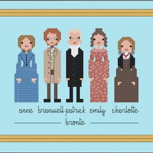 May include: A framed illustration of five people in a pixelated style. The people are labeled "Anne, Branwell, Patrick, Emily, Charlotte Bronte".