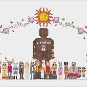 May include: A cross-stitch pattern depicting a group of characters from the film 'The Wicker Man'. The characters are standing in front of a large wicker man, with a sun and flowers above them.