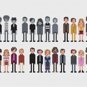 Può includere: Un'illustrazione pixel art di 24 persone, tutte vestite con abiti diversi. Le persone sono disposte in due file da 12. Le persone sono tutte rivolte in avanti e hanno un'espressione neutra.