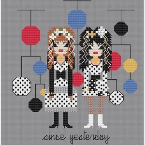 May include: Two women in black and white polka dot dresses with flower crowns and white boots. The background is a gray grid with colorful geometric shapes.