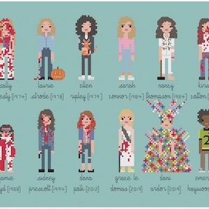 May include: A pixel art illustration of 12 female characters from horror movies. Each character is depicted in a pixelated style with a bloody appearance. The characters are labeled with their names and the year of the movie they are from. The characters are: Sally Hardesty (1974), Laurie Strode (1978), Ellen Ripley (1979), Sarah Connor (1984), Nancy Thompson (1984), Kirsty Cotton (1987), Jamie Lloyd (1988), Sidney Prescott (1994), Dana Polk (2012), Grace Le Domas (2019), Dani Ardor (2019), and Emerald Haywood (2022).