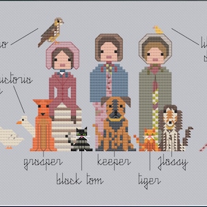 May include: A cross-stitch illustration of a family with their pets. The family includes three people, two dogs, two cats, a goose, a pheasant, and a sparrow. The people are wearing hats and coats. The pets are all different breeds and colors. The illustration is in a vintage style.