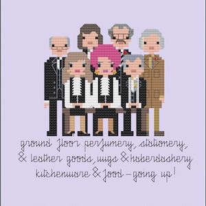 May include: A pixel art illustration of seven people standing in a line. They are all wearing different outfits and have different hairstyles. The text below them reads "ground floor: perfumery, stationery, & leather goods, wigs & haberdashery kitchenware & food - going up!"