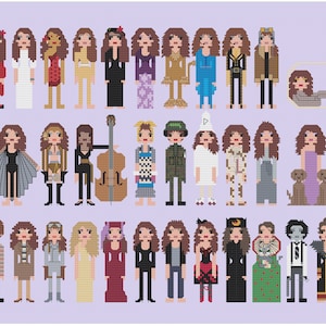 May include: A collection of 30 pixel art portraits of women in various outfits and poses. The portraits are in a grid pattern on a light purple background.