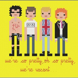 May include: Pixel art illustration of four figures in a band, with the text "we're so pretty, oh so pretty, we're vacant..." below them. The figures are in a punk rock style, with mohawks, leather jackets, and ripped clothing.