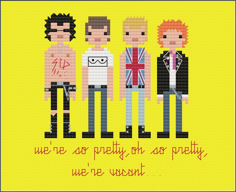 May include: Pixel art illustration of four figures in a band, with the text "we're so pretty, oh so pretty, we're vacant..." below them. The figures are in a punk rock style, with mohawks, leather jackets, and ripped clothing.