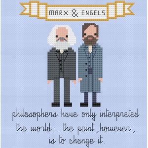 May include: A pixel art illustration of Karl Marx and Friedrich Engels, with a banner above them that reads "MARX & ENGELS". The quote below them reads "philosophers have only interpreted the world... the point, however, is to change it."