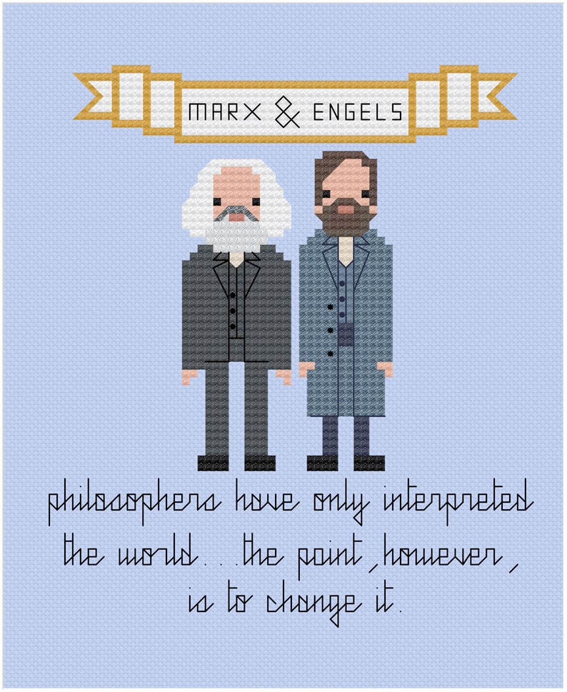 May include: A pixel art illustration of Karl Marx and Friedrich Engels, with a banner above them that reads "MARX & ENGELS". The quote below them reads "philosophers have only interpreted the world... the point, however, is to change it."