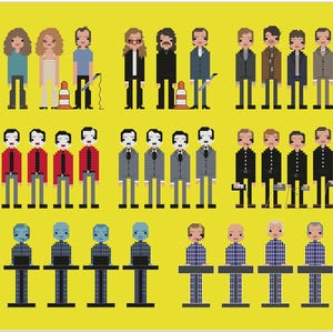 May include: A pixel art print on a yellow background showing various groups of stylized figures. The figures are in a cross-stitch style, with different outfits, including suits, jackets, and casual wear. Some figures are holding objects, all in a cross-stitch style.