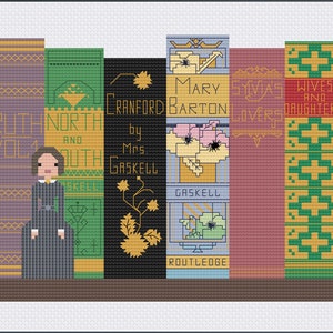 May include: A set of six vintage-style book spines with titles including "Cranford" by Mrs. Gaskell, "Mary Barton" by Mrs. Gaskell, "Sylvia's Lovers", "Wives and Daughters", "Ruth" Vol. 1, and "North and South" by Mrs. Gaskell.