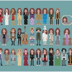 May include: A pixel art illustration featuring 30 different women in a variety of outfits and poses. The women are all depicted in a cartoon style with brown hair and are wearing a range of clothing, including dresses, trousers, and jackets. The illustration is set against a light blue background.