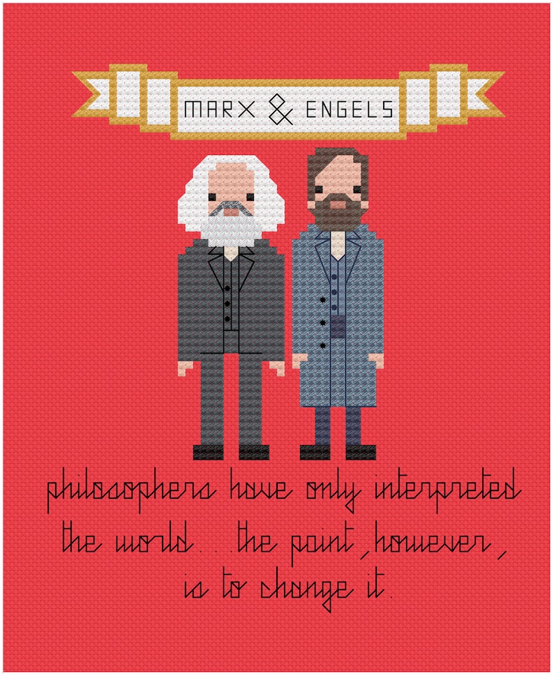 May include: A red background with a gold banner that reads "MARX & ENGELS". Two pixelated figures of Karl Marx and Friedrich Engels stand below the banner. A quote from Marx is below the figures: "Philosophers have only interpreted the world. The point, however, is to change it."