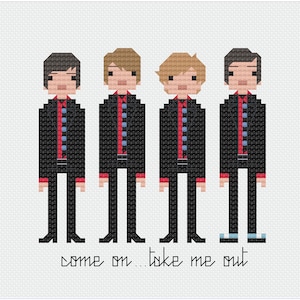 May include: Four pixel art figures in black suits with red and blue accents, standing in a row. The text "come on... take me out" is below the figures.