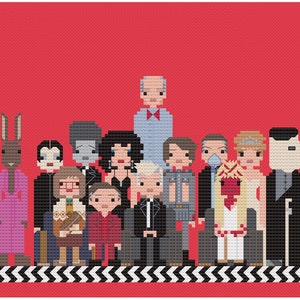 Puede incluir: Un diseño de punto de cruz que presenta un grupo de personajes estilizados sobre un fondo rojo. Los personajes están dispuestos en una fila, con un patrón de zigzag en blanco y negro en la parte inferior. Los personajes tienen rasgos distintivos.