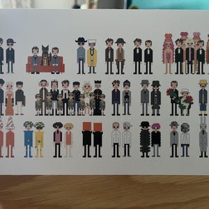 May include: A white greetings card with a pixelated illustration of numerous figures in various outfits. The figures are arranged in rows, showcasing diverse styles and characters, including some with pets and flowers.