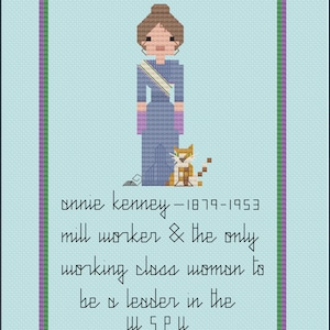 May include: A pixel art illustration of Annie Kenney, a mill worker and the only working-class woman to be a leader in the W.S.P.U. The illustration is framed in a green and purple border.