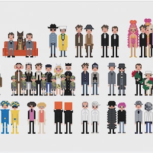May include: A colourful illustration of 30 pixelated characters, each with a unique style and outfit. The characters are arranged in three rows of ten, with a variety of colours, patterns, and accessories.