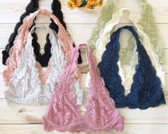 Scalloped Halter Lace Bralette - More colors, Lined, adjustable hook and eye closure, S M L, bralettes bras tops lacy halter neck