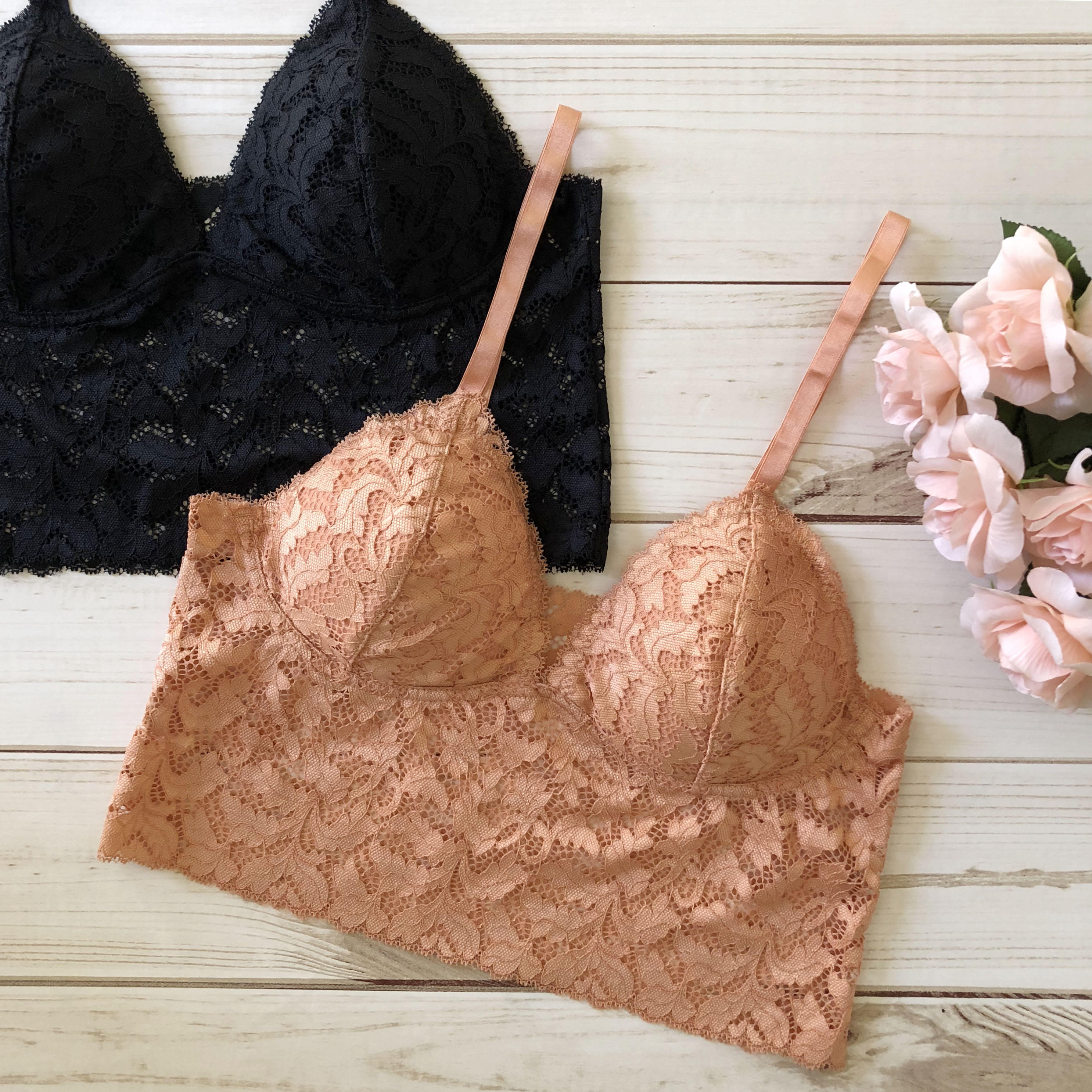 Lace Floral Triangle Bralette Bra Stretch Top V Neck Adjustable Strap Lined Mesh