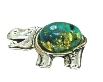 Vintage 4.5 ct Natural Blue Green Cabochon & 925 Sterling Silver Hippo Brooch Pin