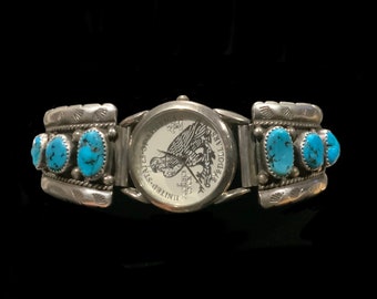 Vintage Navajo Turquoise & Sterling Silver Watch Tips Signed Y Complete Watch