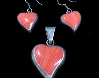 Fidencio Serrano 925 Silver Heart Earrings and Pendant Set Vintage Taxco Mexico signed