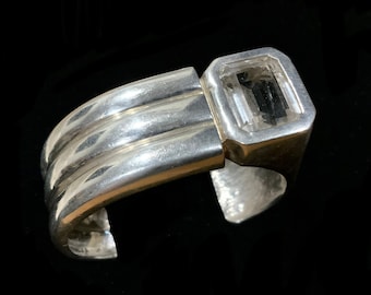 Vintage 925 Sterling Silver & Rock Crystal Modernist Cuff Bracelet