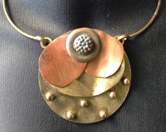Vintage Flower Choker Collar Bib Necklace Brass Copper & Bronze Stamped Otto Karl Rare Hand Made Artisan Brutalist