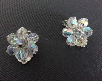 Vintage AB Aurora Borealis Rainbow Crystal Glass Bead Flower Clip On Earrings, Silver Tone Clips c 1950's