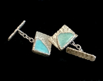 Vintage Brutalist Freeform Blue Aragonite Sterling Silver Cufflinks