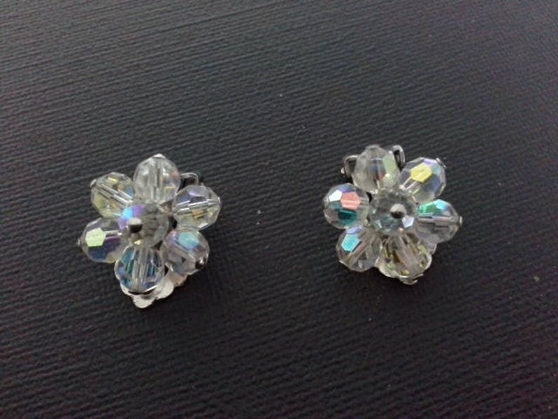 Silver Tone Clips c 1950/'s Vintage AB Aurora Borealis Rainbow Crystal Glass Bead Flower Clip On Earrings