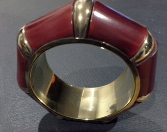 Vintage Segmented Red Horn Inlay Brass Bangle Geometric Heptagon Shape Art Deco Era
