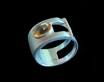 Golden Citrine 925 Sterling Silver 12mm Modernist Buckle Band Ring Size 6 1/2 M 1/2