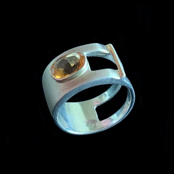 Golden Citrine 925 Sterling Silver 12mm Modernist Buckle Band Ring Size 6 1/2 M 1/2