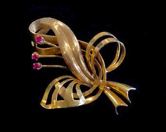 Mid Century Italian 18K 18ct 750 Gold & Spinel Bow Brooch Signed