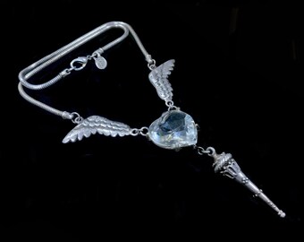 By LANG Silver Wings Crystal Heart & Sceptre Necklace Vintage