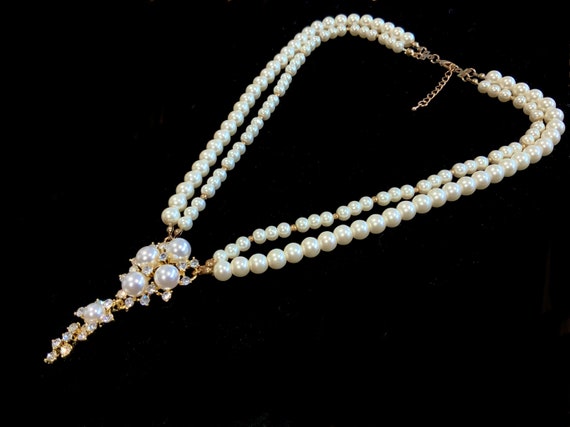 Vintage Ivory Double Strand Glass Pearl & Gold Ne… - image 4