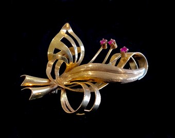 Mid Century Italian 18K 18ct 750 Gold & Spinel Bow Brooch Signed