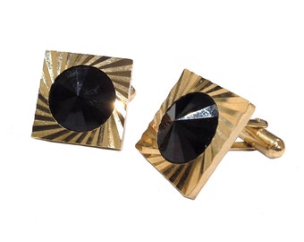 Black Rivoli Crystal Gold Tone Square Starburst Mod Mid Century Cufflinks Cuff Links