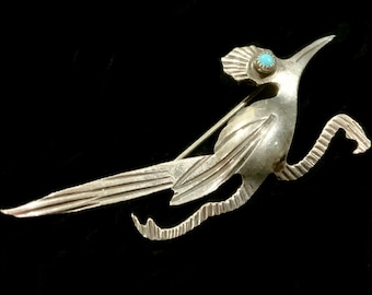 Vintage Turquoise & Sterling Silver 925 Road Runner Brooch Pin 6+ cm 2.5 inches Native American