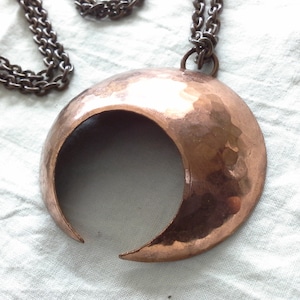 Vintage Artisan Hammered Copper Domed Lunula Moon Pendant Copper Chain image 1