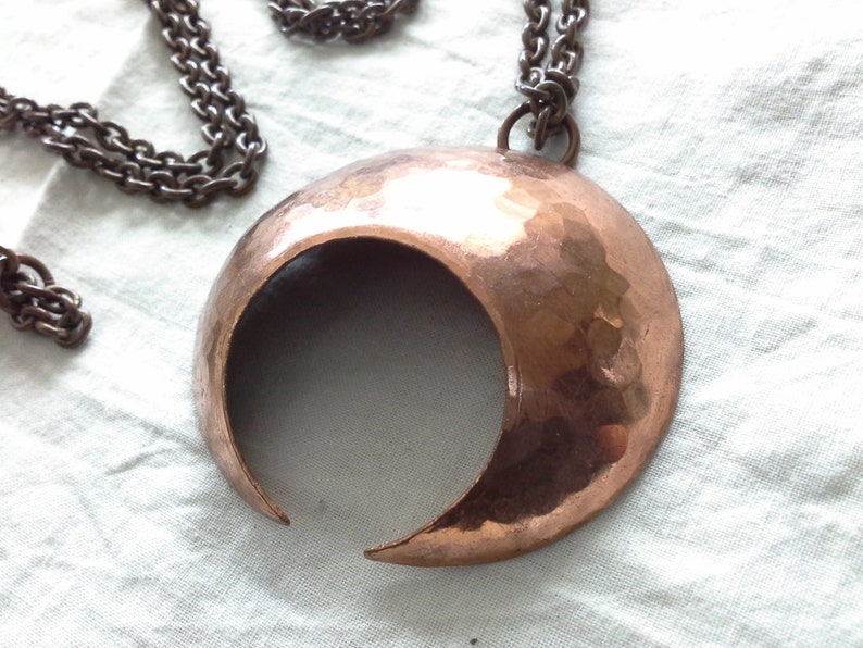 Vintage Artisan Hammered Copper Domed Lunula Moon Pendant Copper Chain image 1