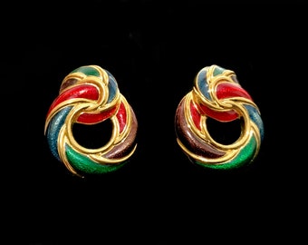 Vintage Multi Coloured Enamel & Gold Knot Earrings Door Knocker